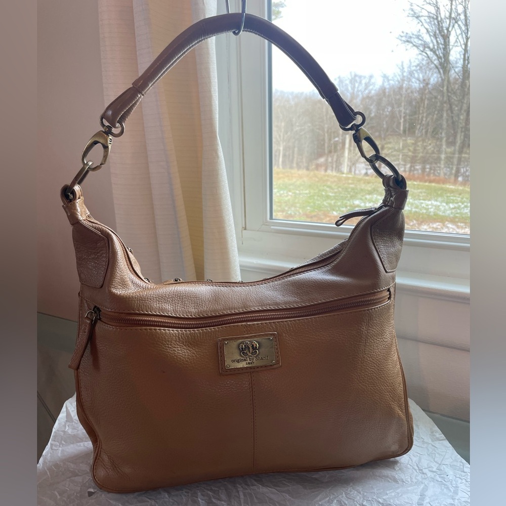 Original by Sharif 1827 Genuine Leather Shoulder Bag Tan Chain Details Map Lined - Picture 3 of 17